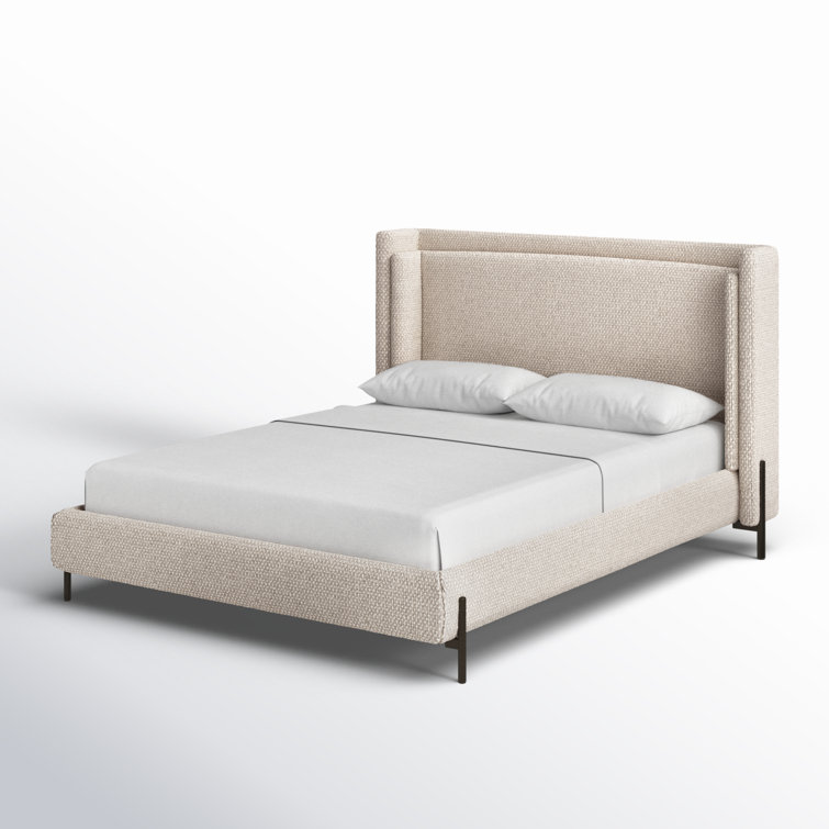 Queen Gunmetal and Oatmeal Upholstered Metal Bed with Slats