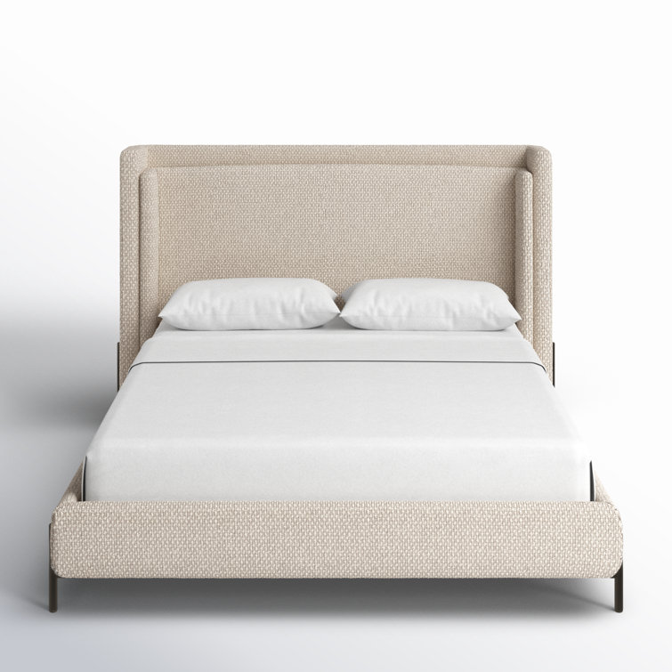 Queen Gunmetal and Oatmeal Upholstered Metal Bed with Slats
