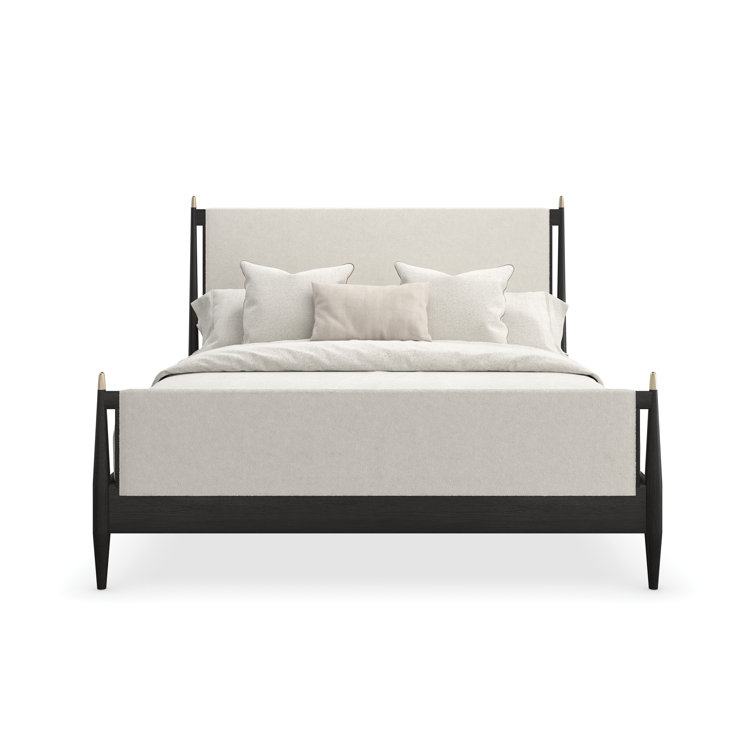 King Black and Cream Upholstered Poster Bed with Wood Frame