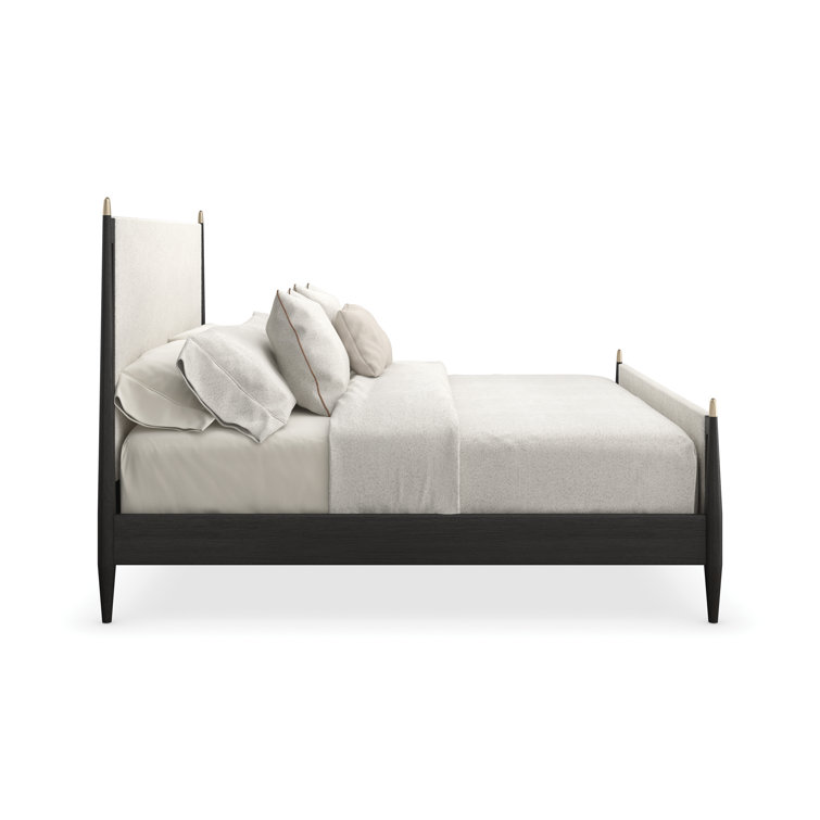 King Black and Cream Upholstered Poster Bed with Wood Frame