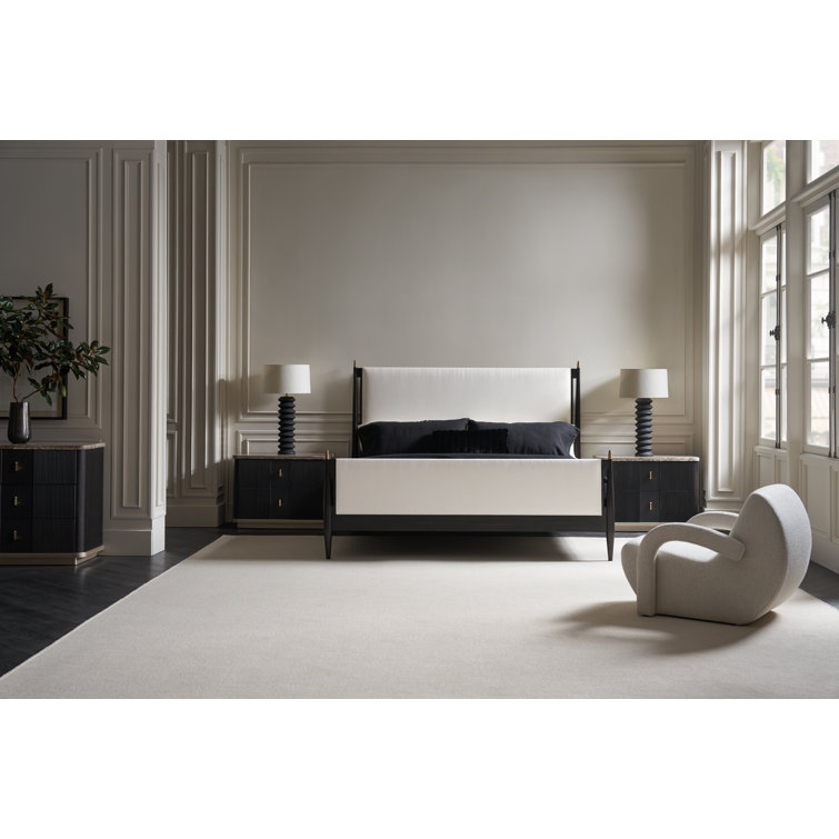 King Black and Cream Upholstered Poster Bed with Wood Frame
