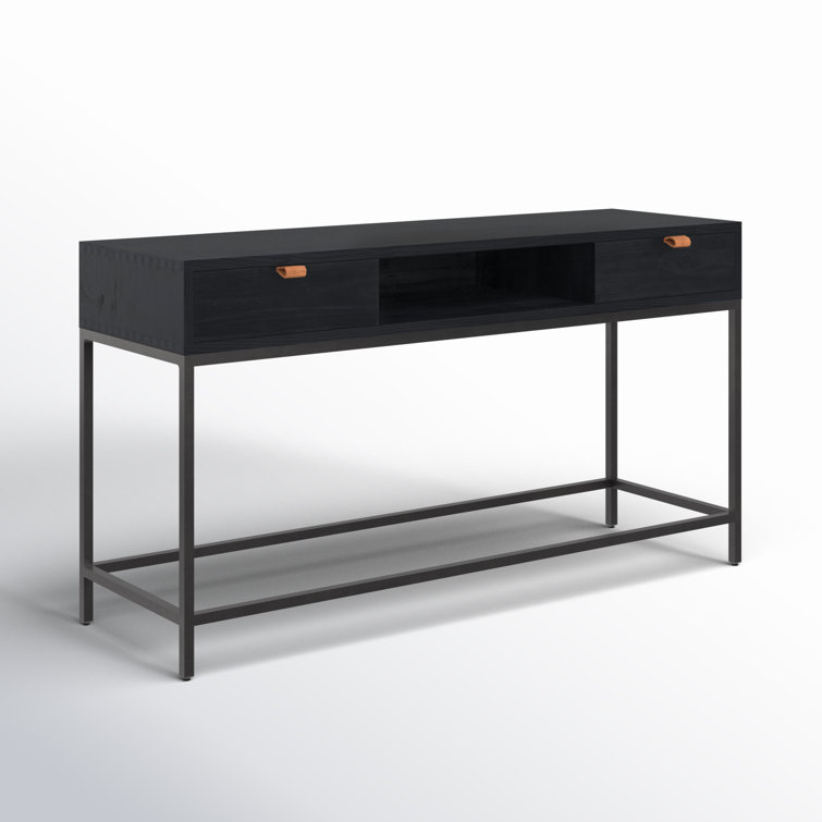 Mid-Century Modern Dove Poplar Console Table with Leather Pulls