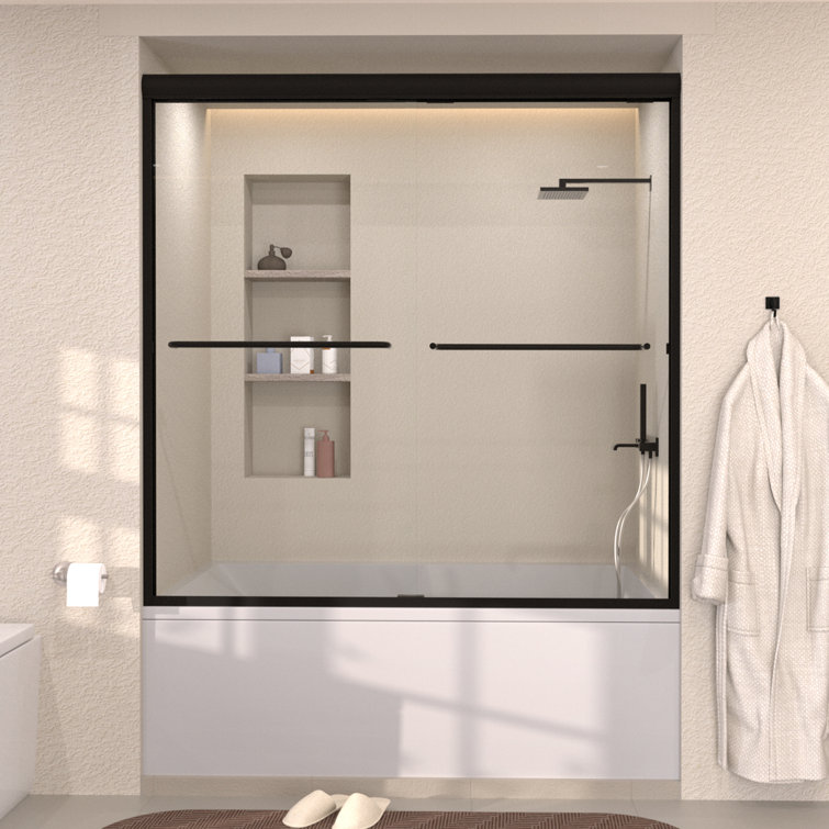 Nepti Matte Black Semi-Frameless Sliding Shower Door with Clear Glass