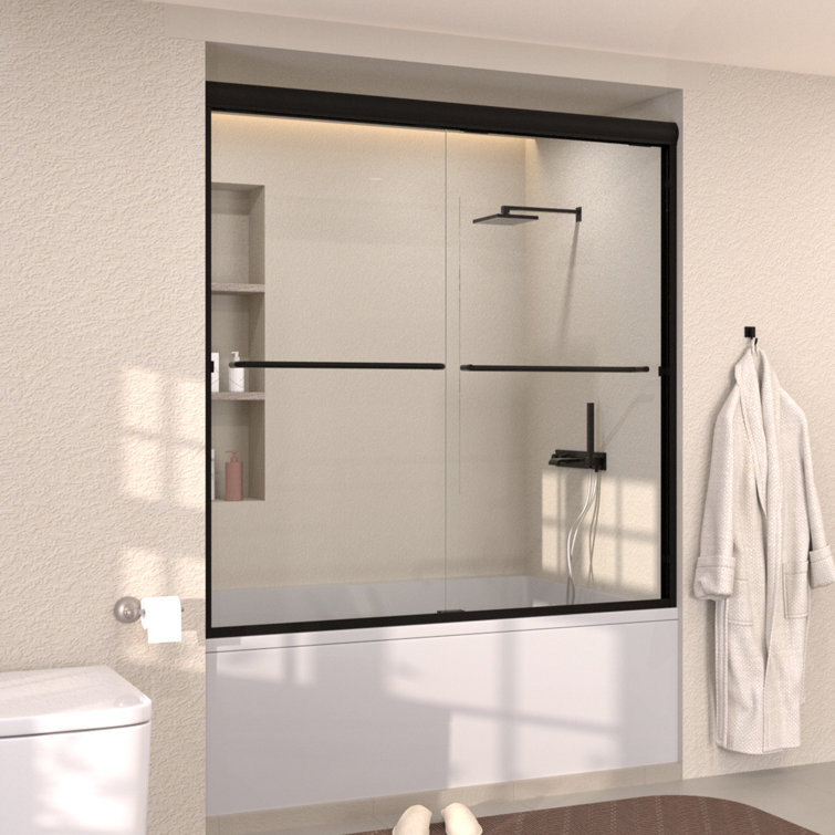 Nepti Matte Black Semi-Frameless Sliding Shower Door with Clear Glass