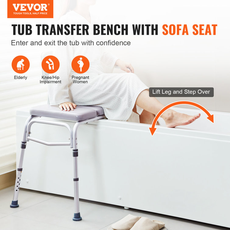 Gray PVC Adjustable Bathtub Transfer Bench with Padded Seat