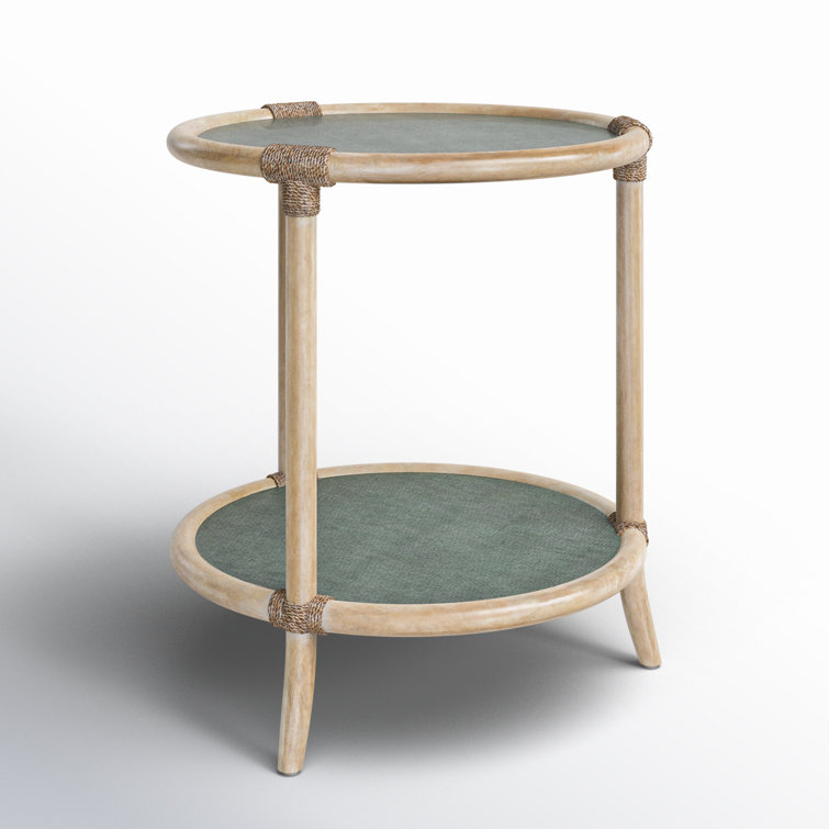 Round Beige and Green Wood and Glass End Table