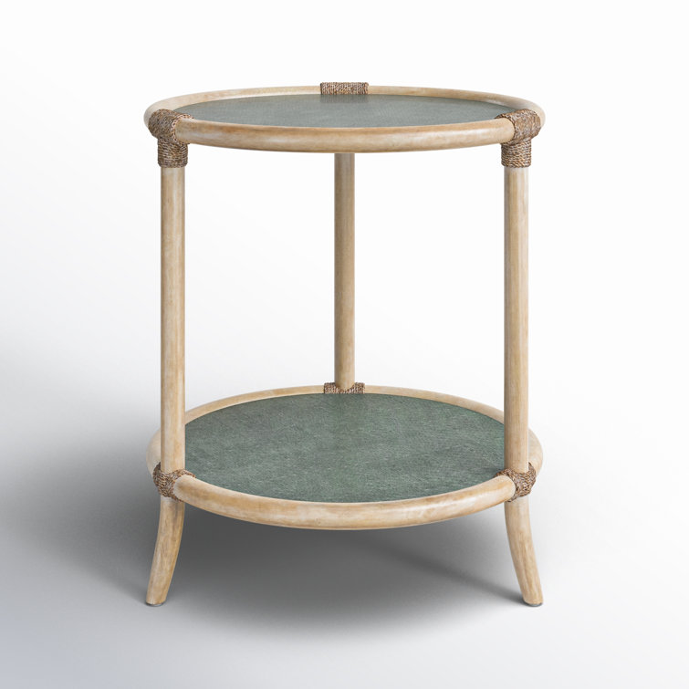 Round Beige and Green Wood and Glass End Table