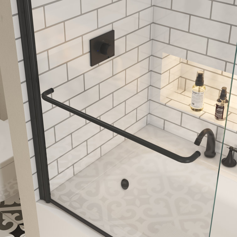 34"W x 58"H Matte Black Frameless Pivot Tub Door with Clear Glass