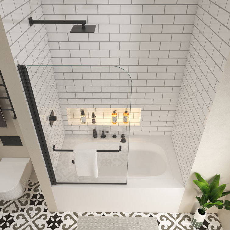 34"W x 58"H Matte Black Frameless Pivot Tub Door with Clear Glass