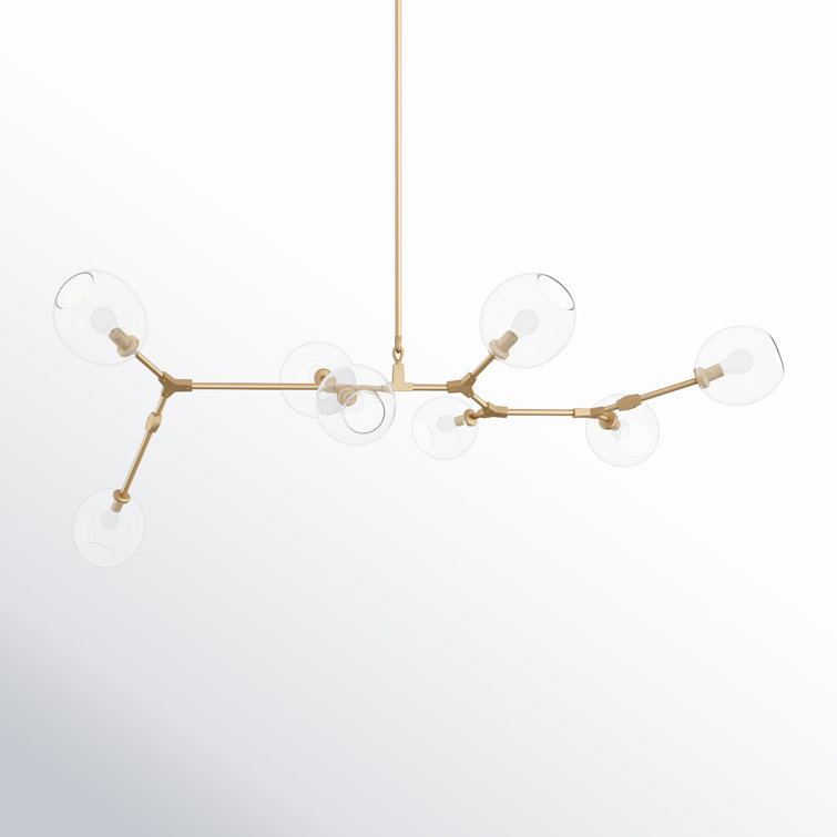 Modern Linear Brass Sputnik Chandelier with Hand Blown Glass Shades