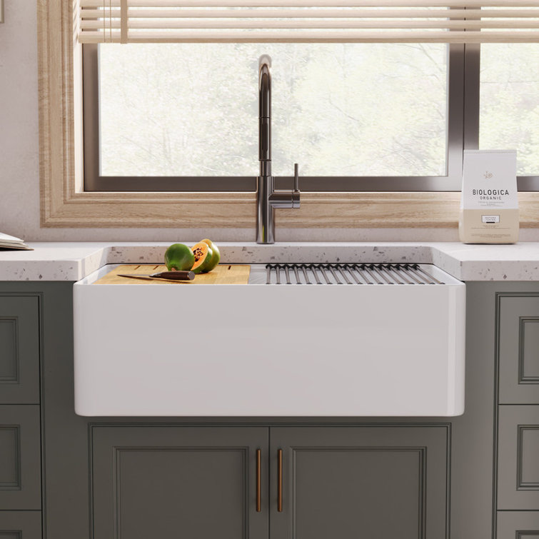 White Fireclay Single Basin Farmhouse Workstation Kitchen Sink