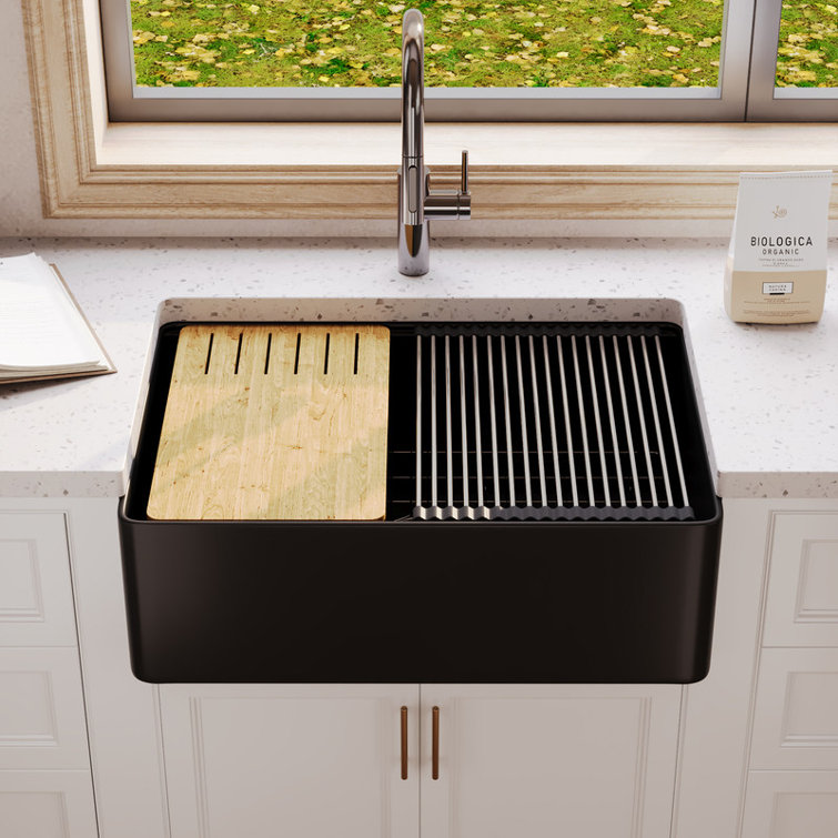 Matte Black Fireclay Single Bowl Farmhouse Kitchen Sink with Accessories