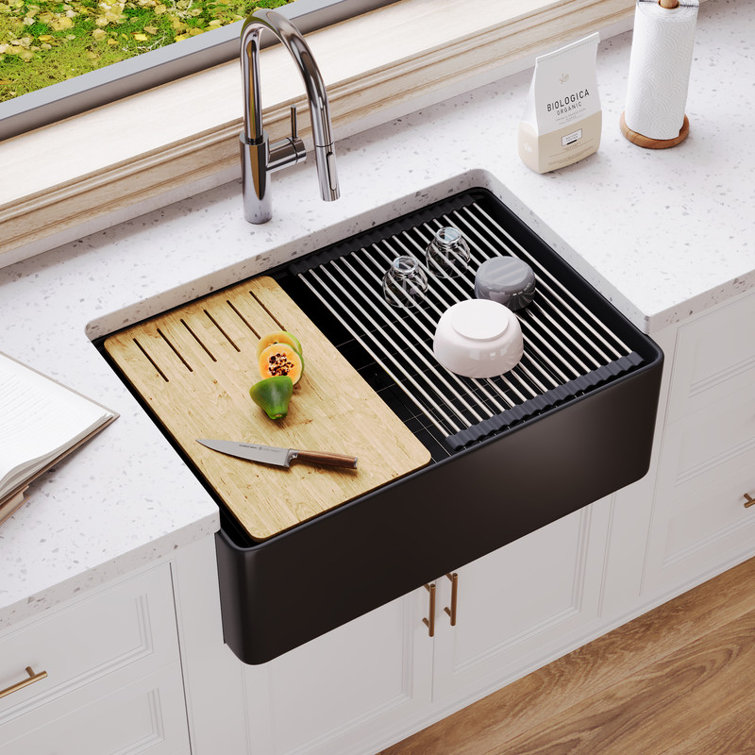 Matte Black Fireclay Single Bowl Farmhouse Kitchen Sink with Accessories