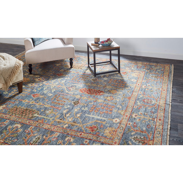 Hand-Knotted Blue Wool and Cotton Rectangular Rug
