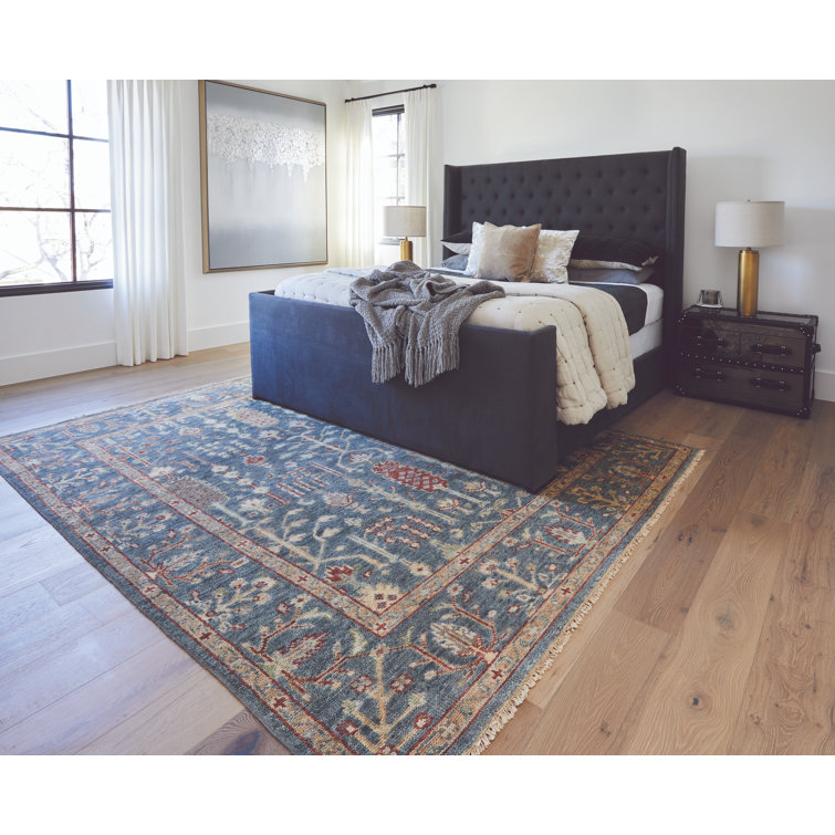 Hand-Knotted Blue Wool and Cotton Rectangular Rug