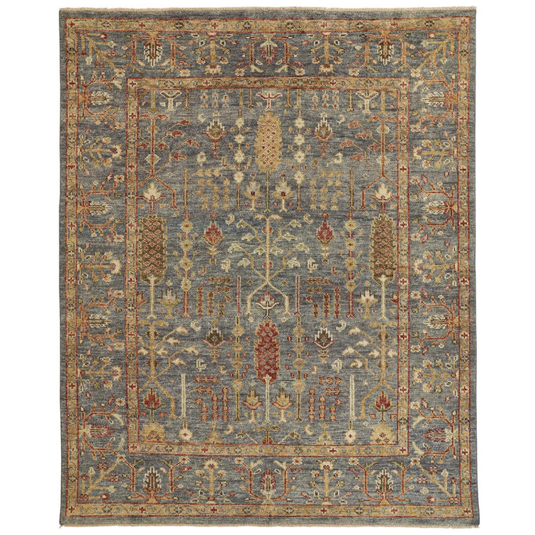 Hand-Knotted Blue Wool and Cotton Rectangular Rug