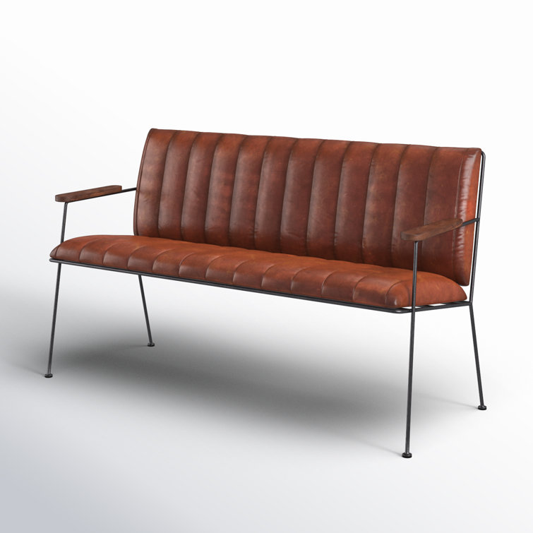 Vintage Phoenix 174" Brown Leather & Black Metal Bench