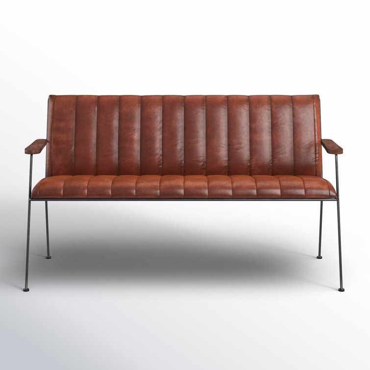 Vintage Phoenix 174" Brown Leather & Black Metal Bench