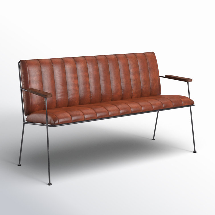 Vintage Phoenix 174" Brown Leather & Black Metal Bench