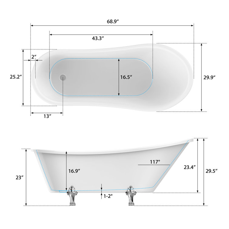68.9" White Acrylic Clawfoot Freestanding Bathtub