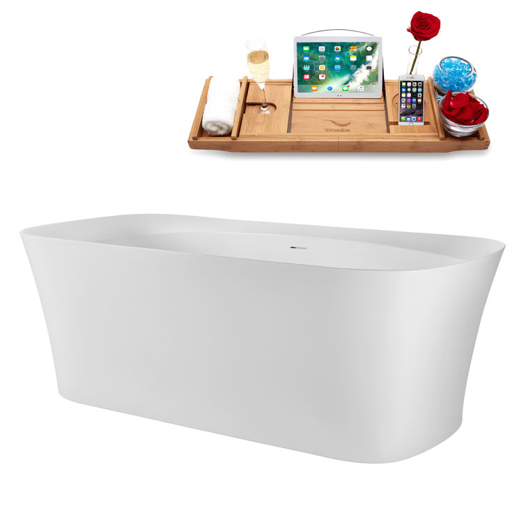 67" Glossy White Acrylic Freestanding Soaking Tub with Bamboo Tray
