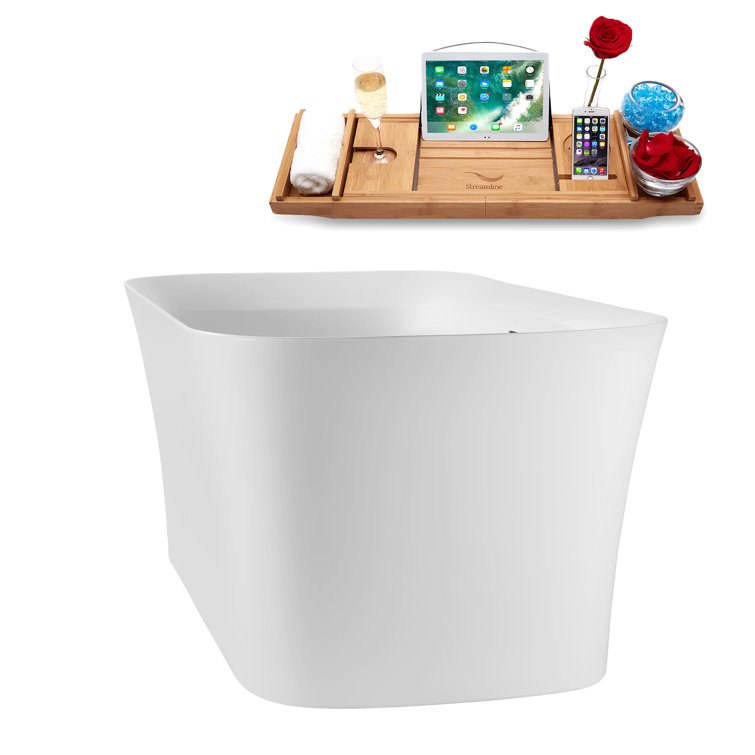 67" Glossy White Acrylic Freestanding Soaking Tub with Bamboo Tray
