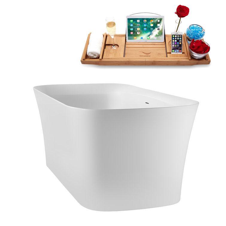 67" Glossy White Acrylic Freestanding Soaking Tub with Bamboo Tray