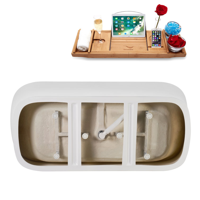 67" Glossy White Acrylic Freestanding Soaking Tub with Bamboo Tray