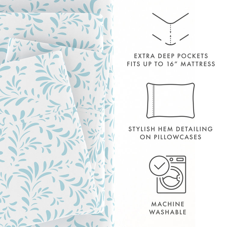 Light Blue Floral Twin Microfiber Deep Pocket Sheet Set