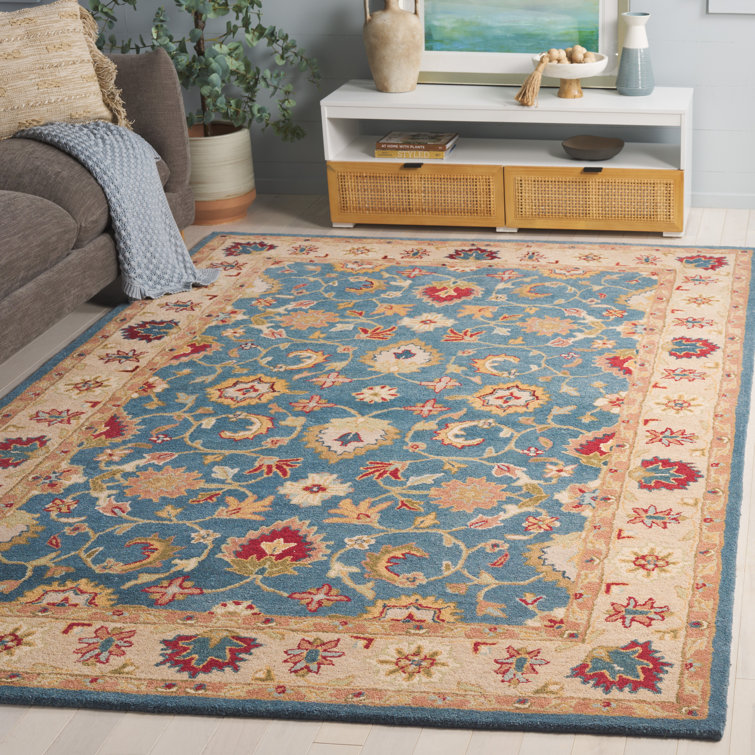 Antiquity Inspired Blue and Beige Handmade Wool Area Rug - 7'6" x 9'6"