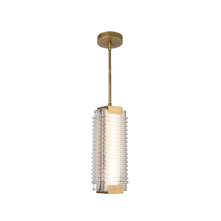 Vintage Brass Ribbed Glass LED Pendant Light