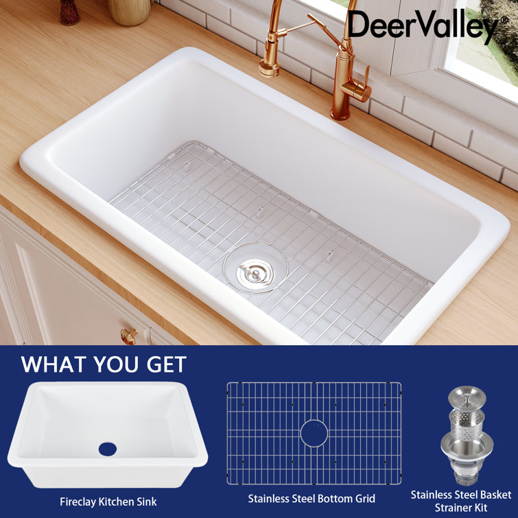 White Fireclay 32" Single Bowl Undermount Kitchen Sink