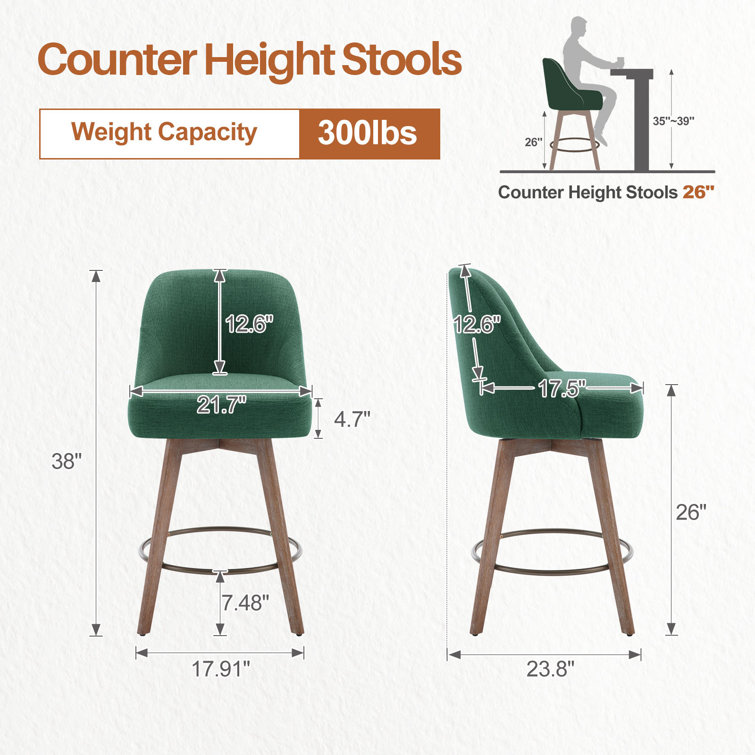 Green Upholstered Swivel Counter Stools with Wood Legs, Set of 3
