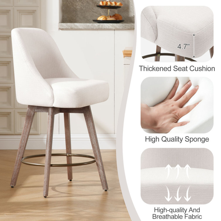 26'' White Upholstered Swivel Counter Stools with Solid Wood Legs