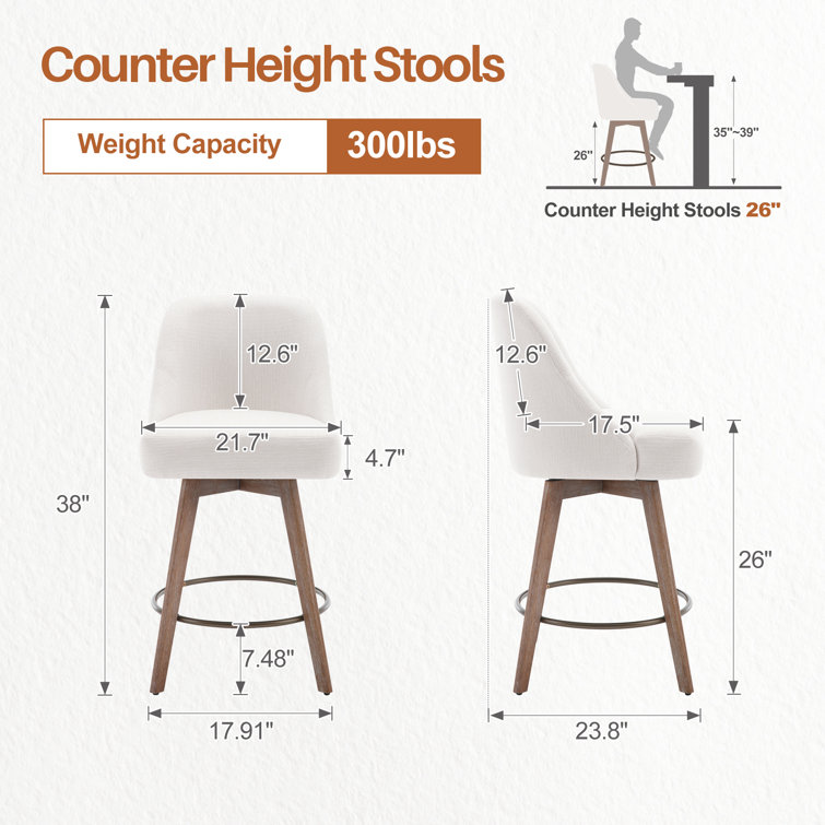 26'' White Upholstered Swivel Counter Stools with Solid Wood Legs