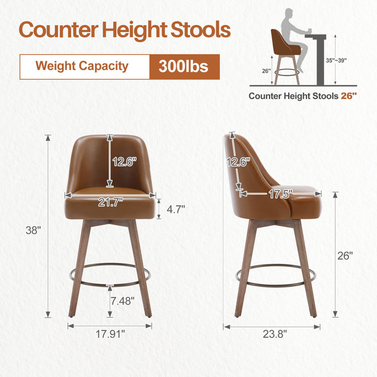 Brown Faux Leather Swivel Counter Stools with Wood Legs, Set of 3