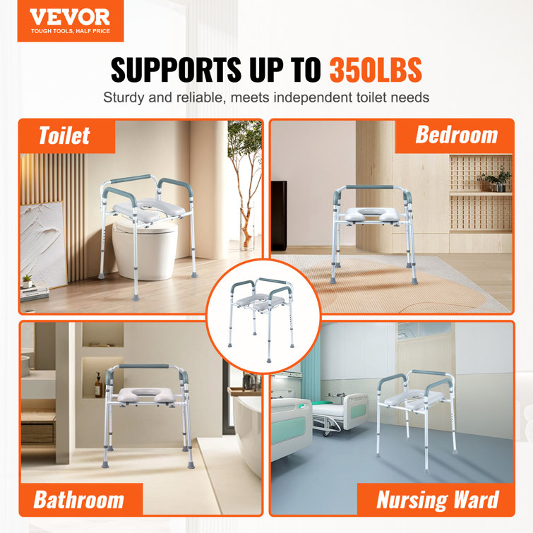 Adjustable Height Steel Bedside Commode Chair with Padded Seat