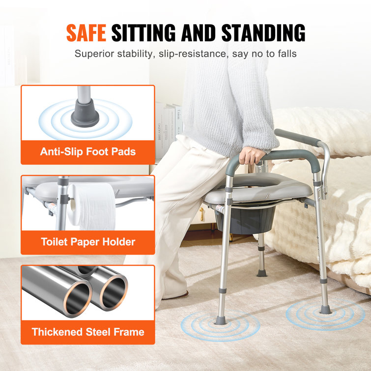 Adjustable Height Steel Bedside Commode Chair with Padded Seat
