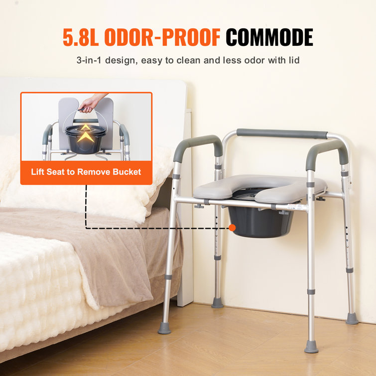 Adjustable Height Steel Bedside Commode Chair with Padded Seat