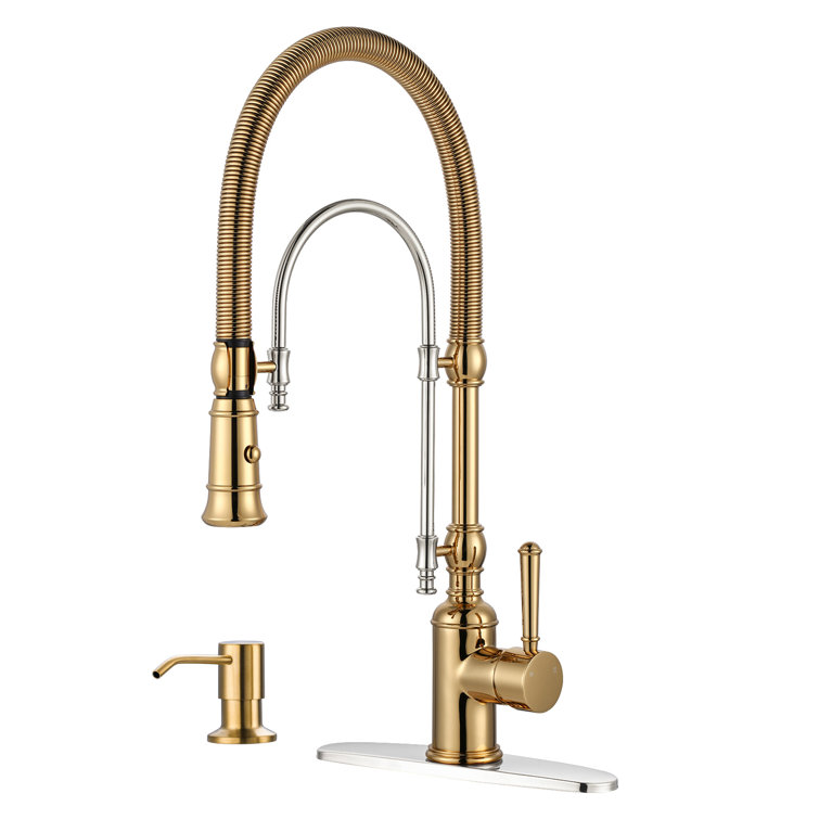 Gold and Chrome High-Arc Kitchen Faucet with Pull-out Spray