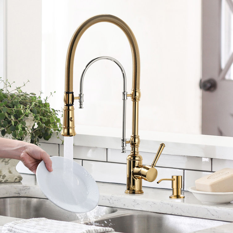 Gold and Chrome High-Arc Kitchen Faucet with Pull-out Spray