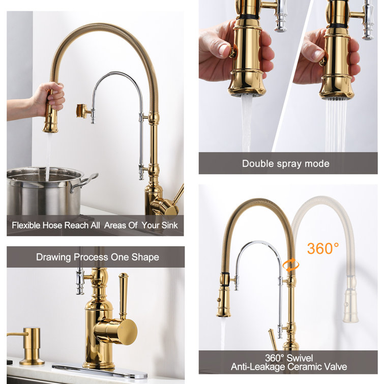 Gold and Chrome High-Arc Kitchen Faucet with Pull-out Spray