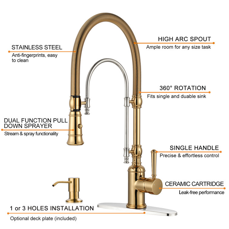 Gold and Chrome High-Arc Kitchen Faucet with Pull-out Spray