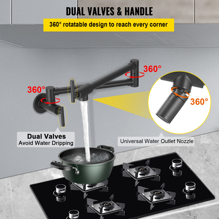 Matte Black Stainless Steel Dual Handle Wall Mount Pot Filler Faucet