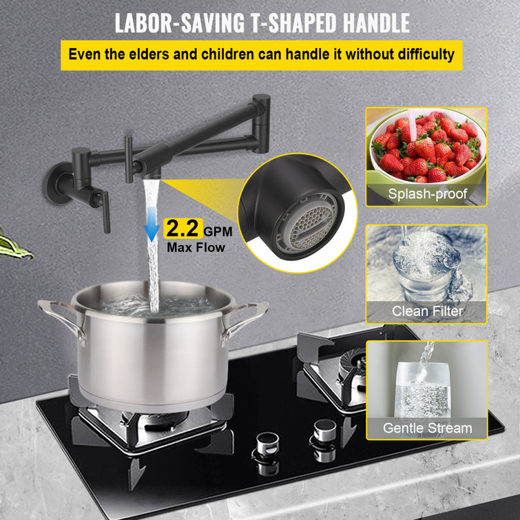Matte Black Stainless Steel Dual Handle Wall Mount Pot Filler Faucet