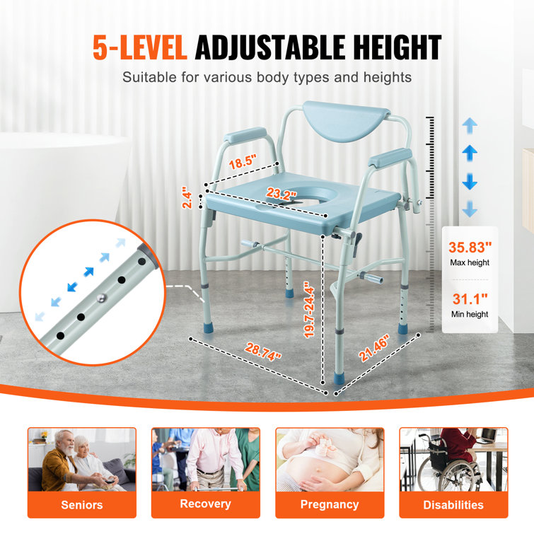 Adjustable Blue Steel Raised Toilet Seat with Detachable Backrest