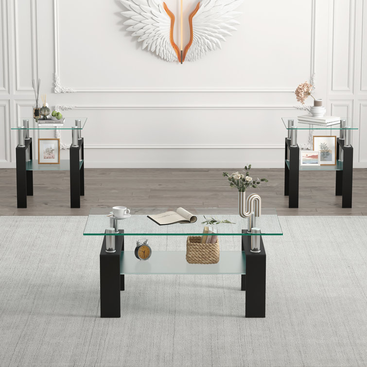 Clear Glass and Black Metal 3-Piece Coffee and End Table Set