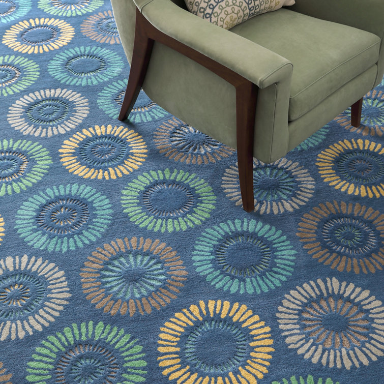 Blue Hand-Tufted Wool Runner Rug with Dandelion Design