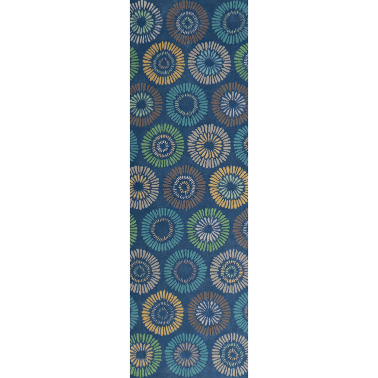 Blue Hand-Tufted Wool Runner Rug with Dandelion Design