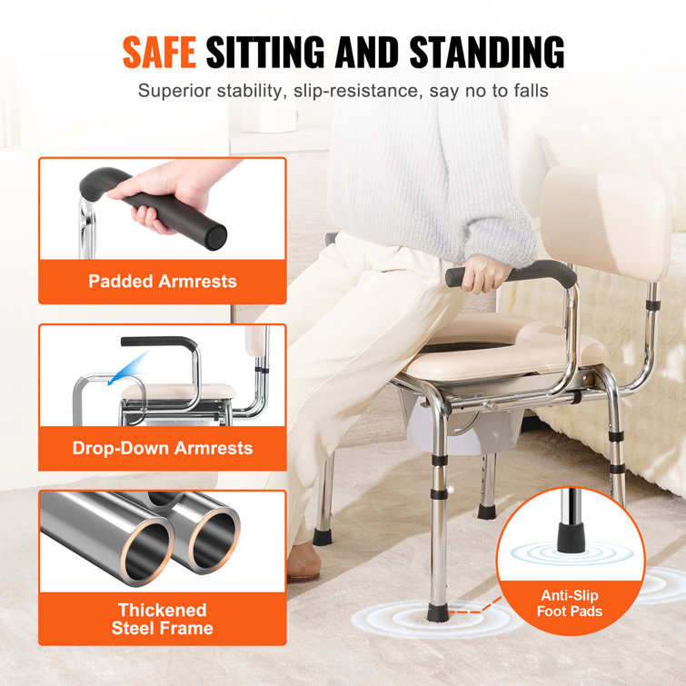 Adjustable Height White Steel Bedside Commode Chair